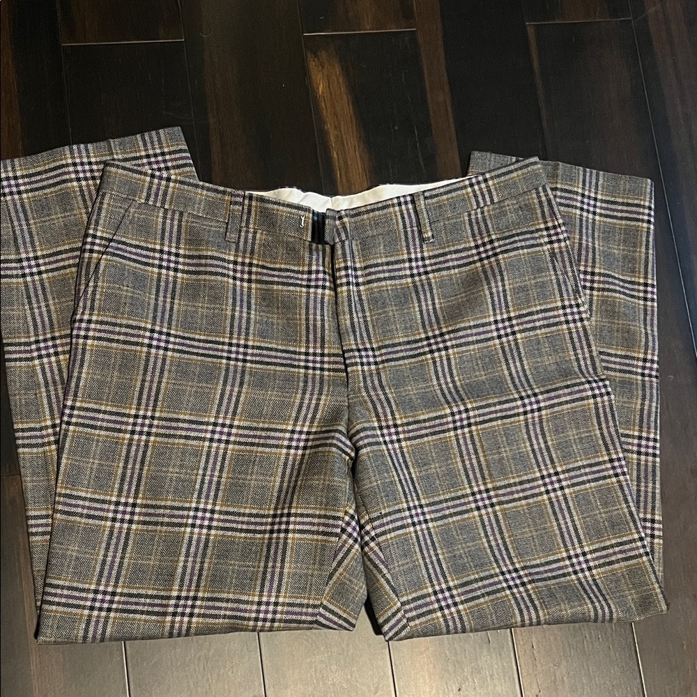 Etro Men's Checkered Pants - Gray with purple, olive green and black.